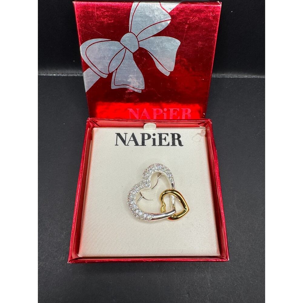 Vintage Napier Interlocked Hearts Gold & Silver Tone w/ Clear Rhinestones Brooch